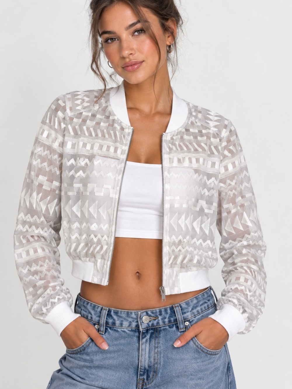 BCBGMAXAZRIA Semi-Sheer Cropped Geometric Jacquard Bomber Jacket XXS